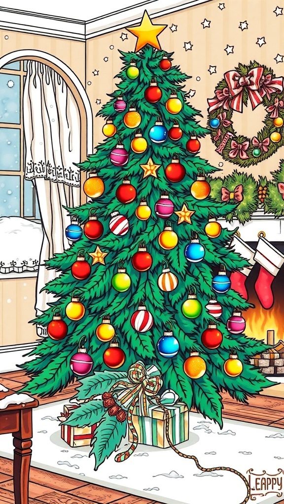 Realistic Christmas tree coloring page with ornaments and fireplace.